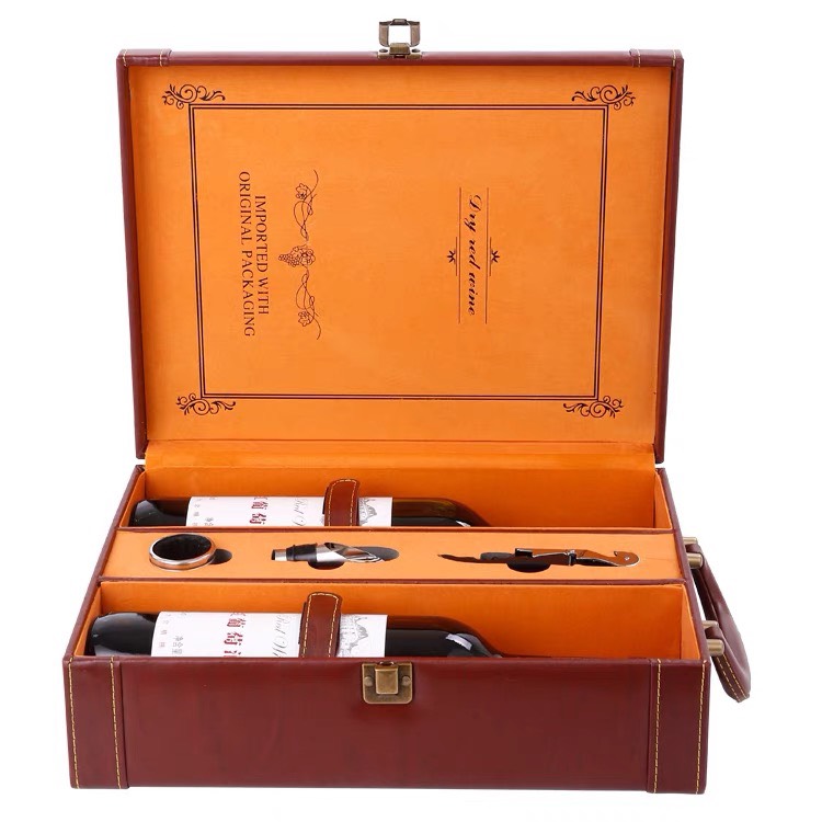 HỘP DA NÂU 02 CHAI CAO CẤP 2023-Mã 002